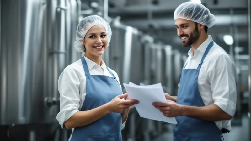 Ausbilder in einem Trierer Lebensmittelproduktionsbetrieb erklärt einer Auszubildenden Qualitätskontrolle