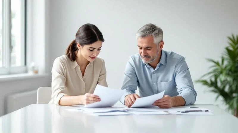 Zwei Personen besprechen Unterlagen an einem Tisch in einem hellen Bueroraum