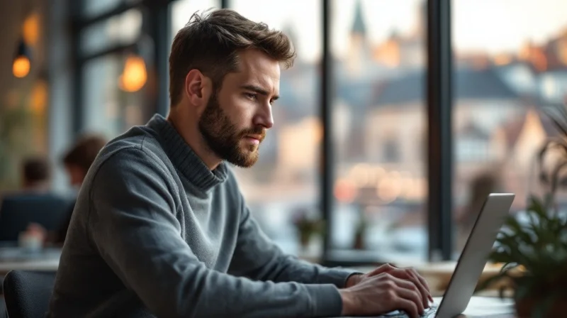 Trierer Angestellter im Coworking-Space mit Laptop, im Hintergrund Moseltal und Porta Nigra