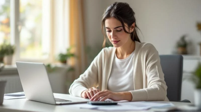 Frau prueft Unterlagen am Schreibtisch mit Taschenrechner