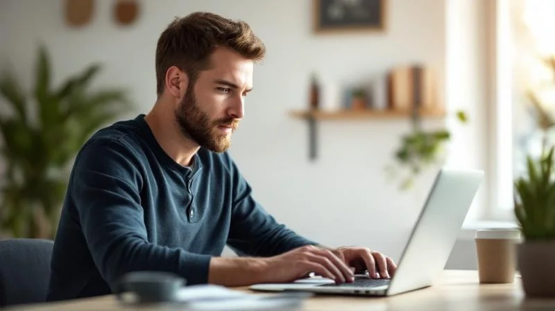 Mann arbeitet konzentriert am Laptop in einem hellen Raum in Trier