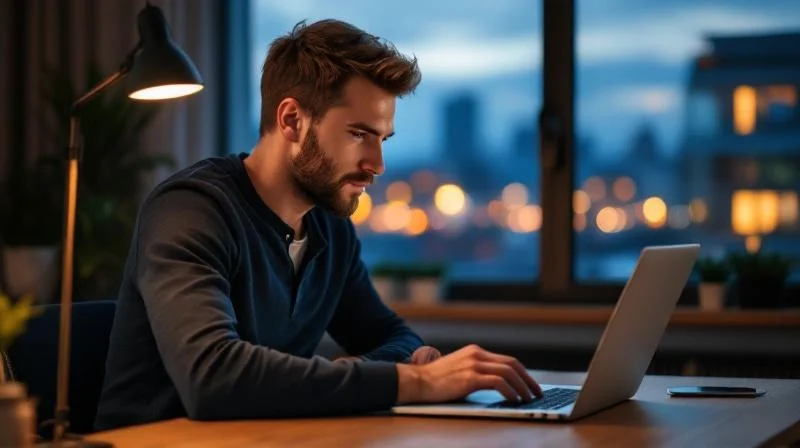 Mann arbeitet am Laptop an einem Schreibtisch mit Blick aus dem Fenster in Trier
